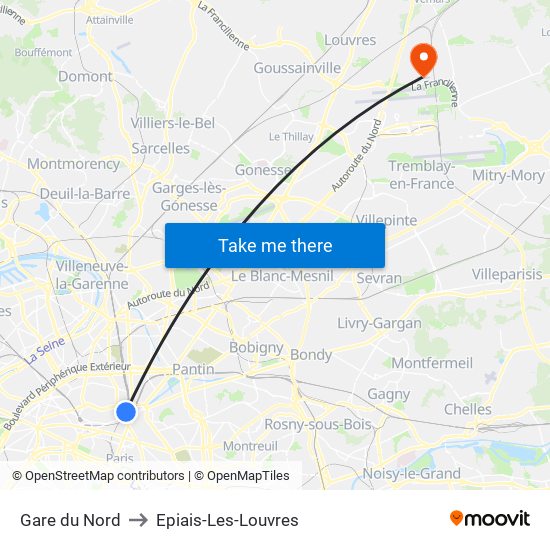 Gare du Nord to Epiais-Les-Louvres map