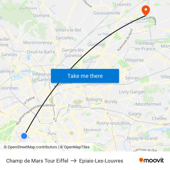 Champ de Mars Tour Eiffel to Epiais-Les-Louvres map