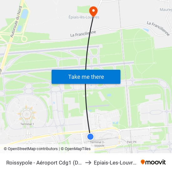 Roissypole - Aéroport Cdg1 (D3) to Epiais-Les-Louvres map