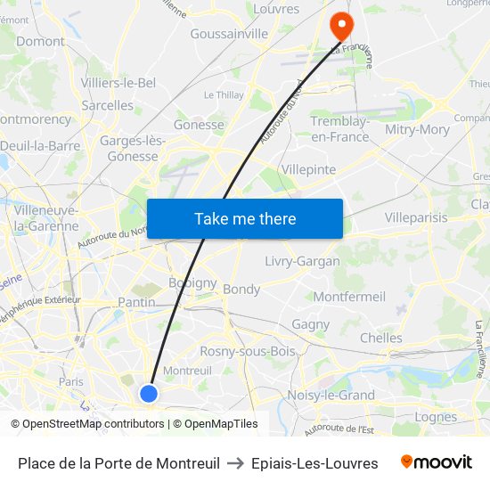 Place de la Porte de Montreuil to Epiais-Les-Louvres map