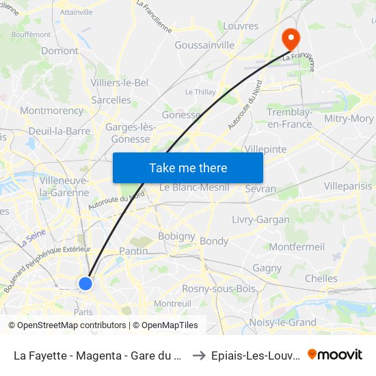 La Fayette - Magenta - Gare du Nord to Epiais-Les-Louvres map