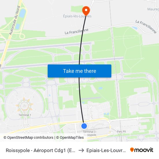 Roissypole - Aéroport Cdg1 (E2) to Epiais-Les-Louvres map