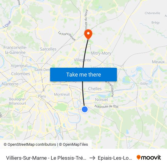 Villiers-Sur-Marne - Le Plessis-Trévise RER to Epiais-Les-Louvres map