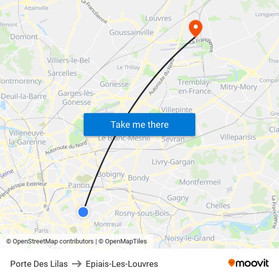 Porte Des Lilas to Epiais-Les-Louvres map
