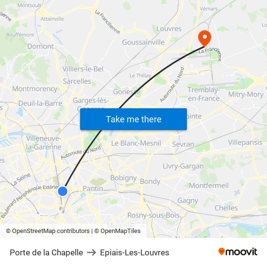 Porte de la Chapelle to Epiais-Les-Louvres map