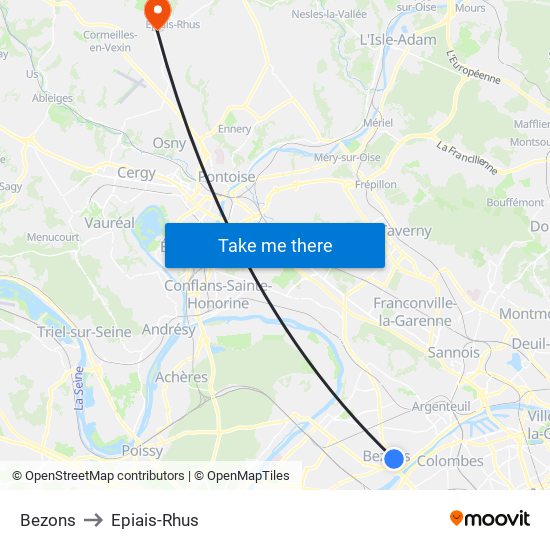 Bezons to Epiais-Rhus map
