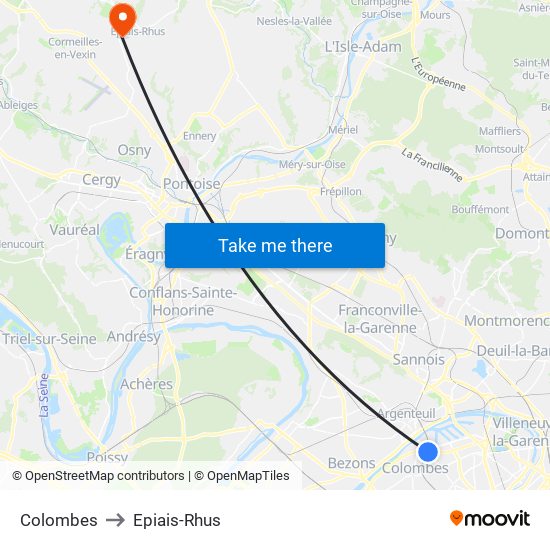 Colombes to Epiais-Rhus map