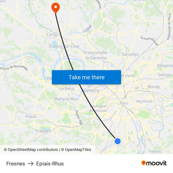 Fresnes to Epiais-Rhus map