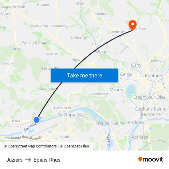 Juziers to Epiais-Rhus map