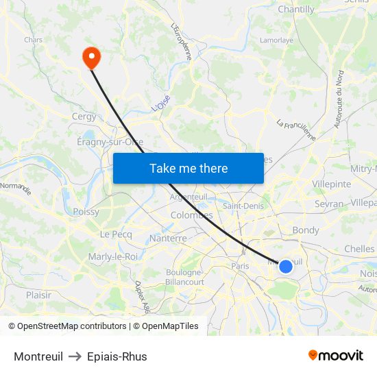 Montreuil to Epiais-Rhus map
