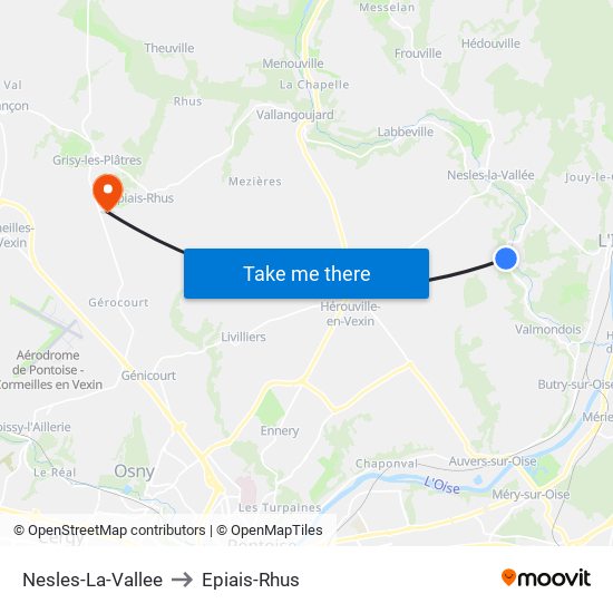 Nesles-La-Vallee to Epiais-Rhus map