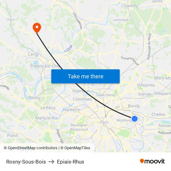 Rosny-Sous-Bois to Epiais-Rhus map