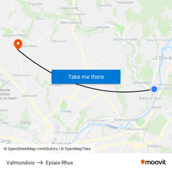 Valmondois to Epiais-Rhus map