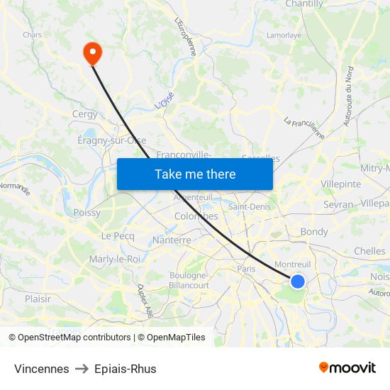 Vincennes to Epiais-Rhus map