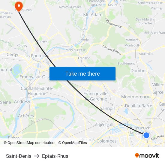 Saint-Denis to Epiais-Rhus map