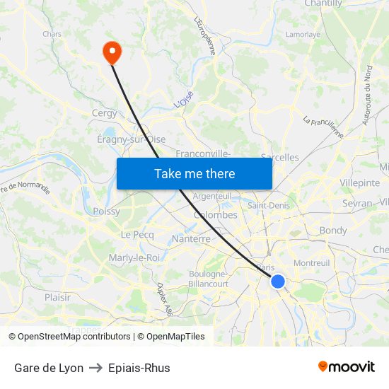 Gare de Lyon to Epiais-Rhus map