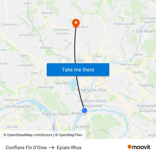 Conflans Fin D'Oise to Epiais-Rhus map