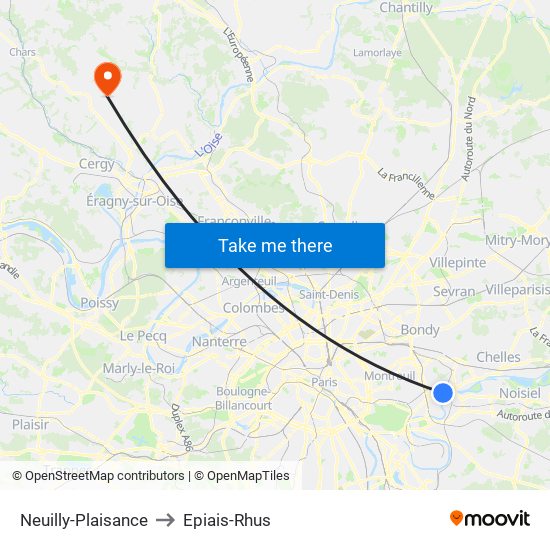 Neuilly-Plaisance to Epiais-Rhus map