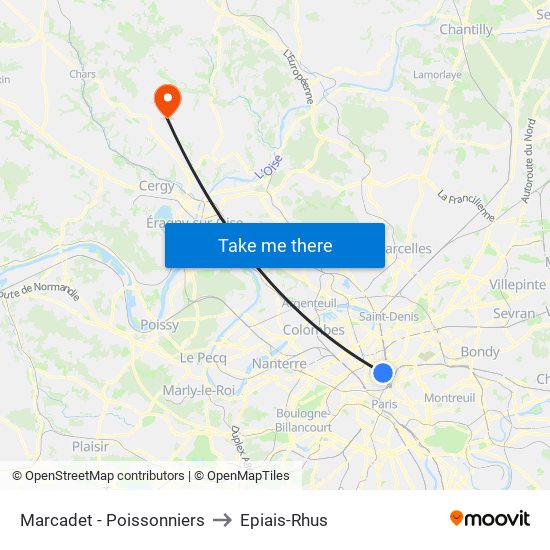 Marcadet - Poissonniers to Epiais-Rhus map