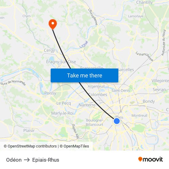 Odéon to Epiais-Rhus map