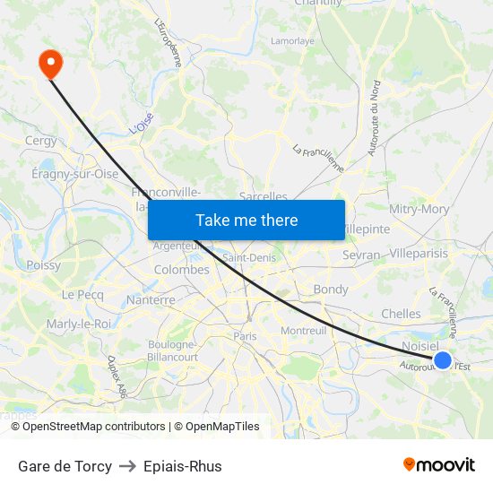 Gare de Torcy to Epiais-Rhus map