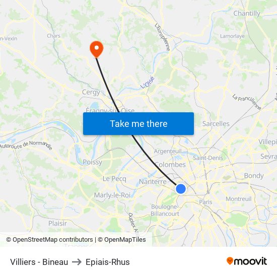 Villiers - Bineau to Epiais-Rhus map