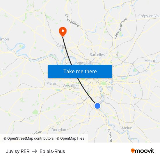 Juvisy RER to Epiais-Rhus map