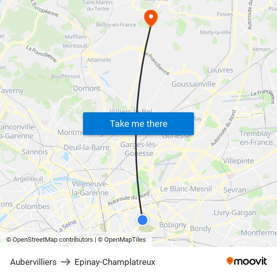 Aubervilliers to Epinay-Champlatreux map