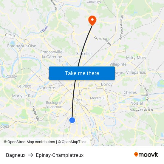 Bagneux to Epinay-Champlatreux map