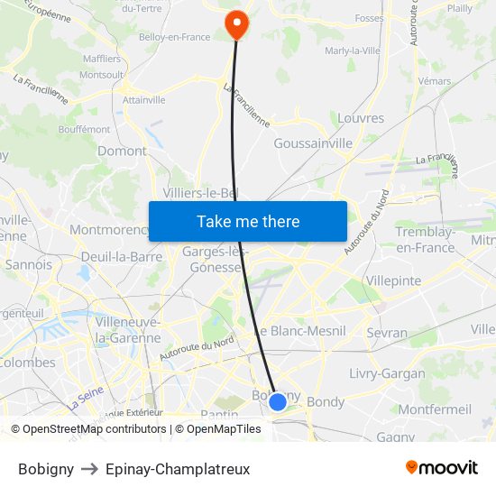 Bobigny to Epinay-Champlatreux map