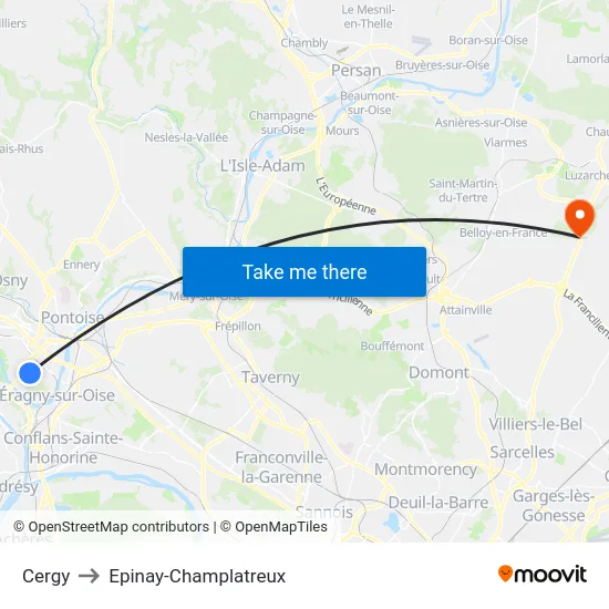 Cergy to Epinay-Champlatreux map