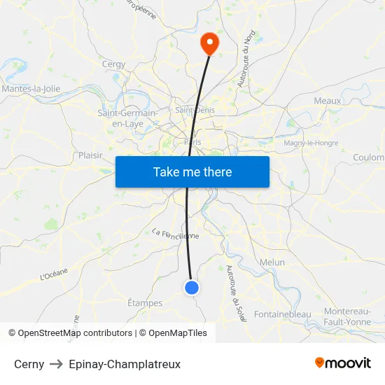 Cerny to Epinay-Champlatreux map
