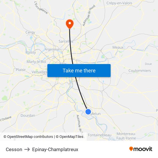 Cesson to Epinay-Champlatreux map