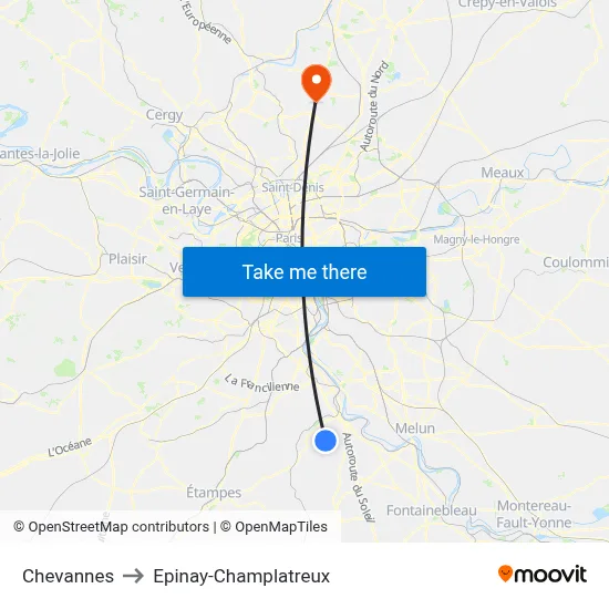 Chevannes to Epinay-Champlatreux map