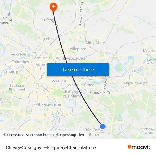 Chevry-Cossigny to Epinay-Champlatreux map