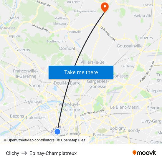 Clichy to Epinay-Champlatreux map