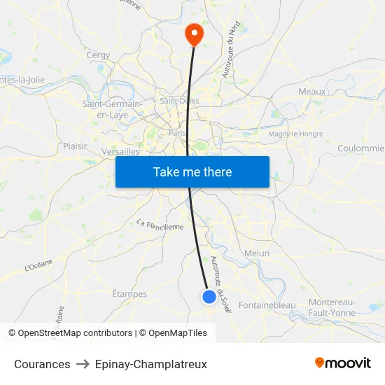 Courances to Epinay-Champlatreux map