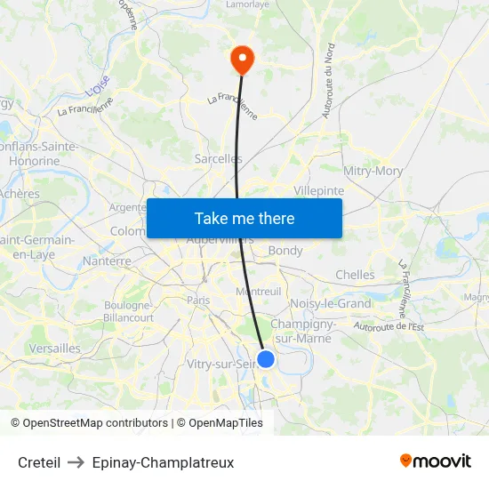 Creteil to Epinay-Champlatreux map