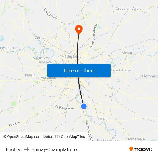 Etiolles to Epinay-Champlatreux map