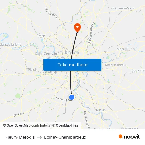 Fleury-Merogis to Epinay-Champlatreux map