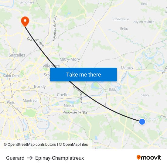 Guerard to Epinay-Champlatreux map