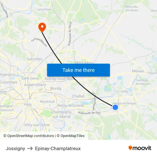 Jossigny to Epinay-Champlatreux map