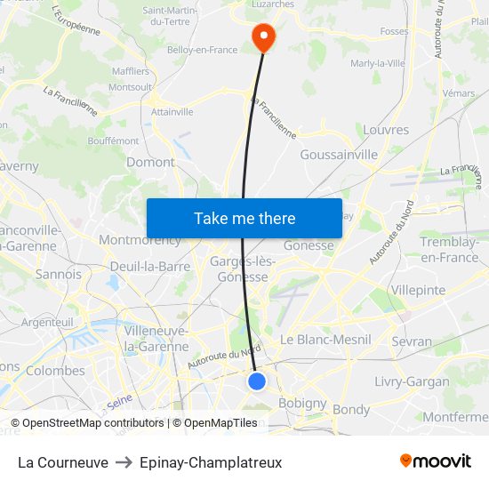 La Courneuve to Epinay-Champlatreux map