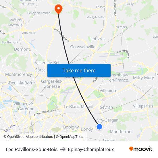 Les Pavillons-Sous-Bois to Epinay-Champlatreux map