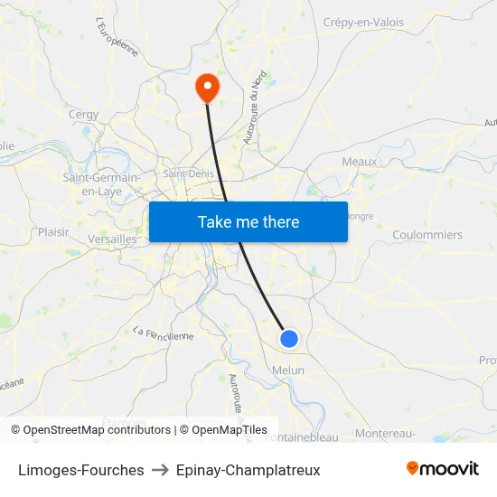Limoges-Fourches to Epinay-Champlatreux map