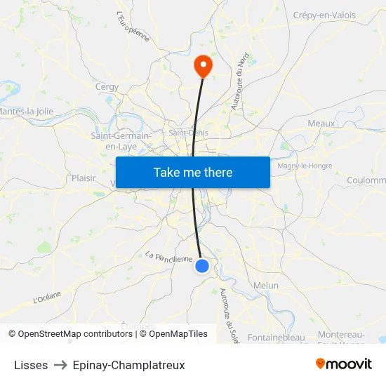 Lisses to Epinay-Champlatreux map