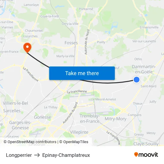 Longperrier to Epinay-Champlatreux map