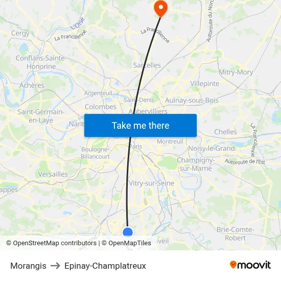 Morangis to Epinay-Champlatreux map