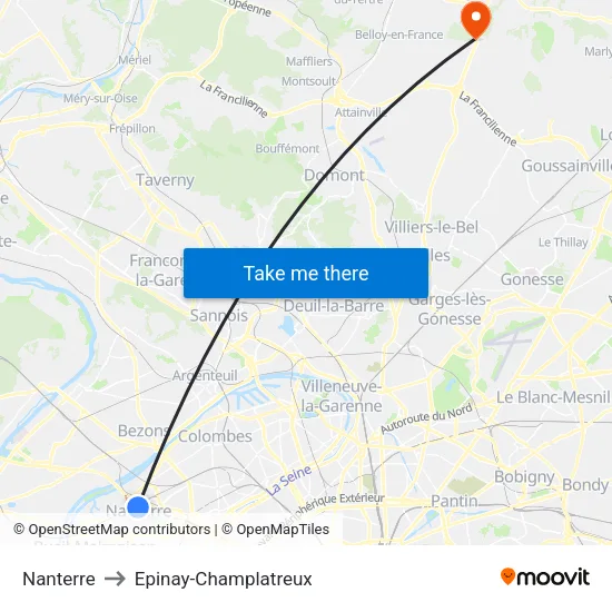 Nanterre to Epinay-Champlatreux map