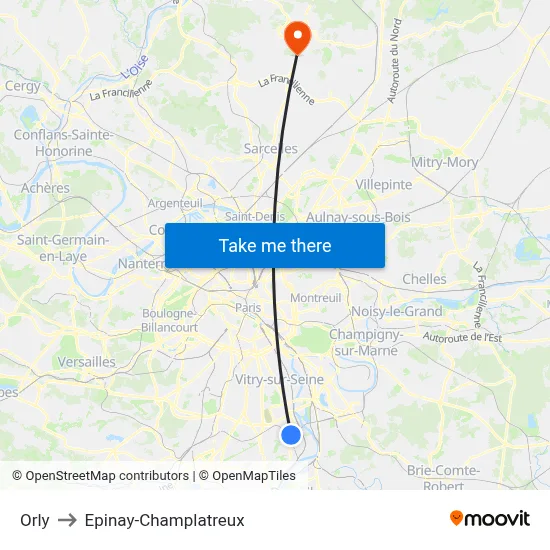 Orly to Epinay-Champlatreux map